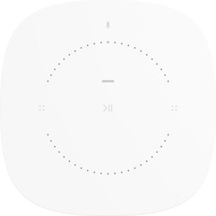 Trådløs, tilsluttet Sonos One (Gen 2) højttaler i mat hvid, set ovenfra, cylindrisk form med cirkulær perforeret gitterbeklædning