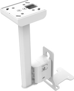 White ceiling mount for speaker, front perspective view, with mounting hardware and cutouts for cables and controls