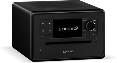 Schwarzes Tischradio Sonoro Elite, rechteckiges Gehäuse, zentrales Display, seitliche Tasten und frontaler CD-Schlitz