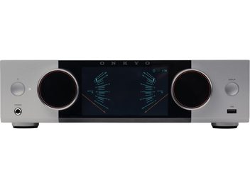 Zilverkleurige Onkyo Y-50 transistor-stereo hifi-versterker, groot display met blauwe VU-meters, twee grote draaiknoppen, hoofdtelefoon- en USB-aansluiting