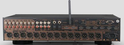Sort bagpanel på hjemmebio-forstærker med flere HDMI- og RCA-indgange samt XLR-udgange med antenne