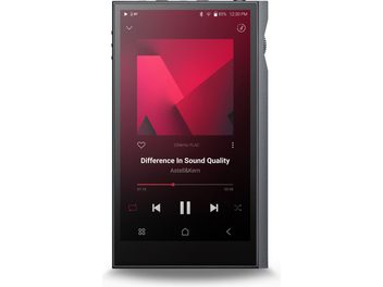 Lettore audio portatile audiofilo Astell&Kern Kann ULTRA, vista frontale, schermo touch che mostra un lettore audio, pulsanti di controllo sul lato destro, corpo in metallo nero