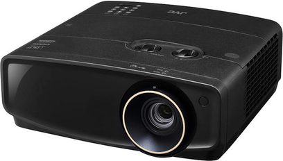 JVC LX-UH1 sort videoprojektor, let skråt forfra, decentreret objektiv, to indbyggede højttalere