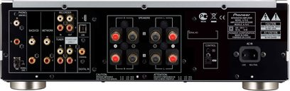 Pioneer A-70-K sort hi-fi stereforstærker, bagside, audio- og højttalertilslutninger, RCA-stik, skrueterminaler, kontakter