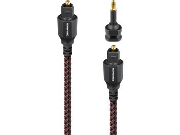 Optisk digitalt Audioquest Cinnamon-kabel, 3 m, i sort og rød fletet nylon, med sorte Toslink-stik med forgyldte spidser samt tilhørende mini-Toslink-adapter, set forfra