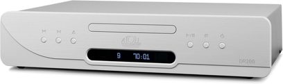 Aukštos kokybės CD grotuvas Atoll Electronique DR200 Evolution sidabrinis, vaizdas iš priekio, apvalūs mygtukai, centrinis skaitmeninis ekranas