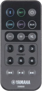 Czarny pilot Yamaha ZU09200 z niebieskimi i szarymi przyciskami do sterowania urządzeniem audio, widok z przodu