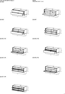 Tekniske diagrammer over 8 skræddersyede Sonorous Elements EX10 TV-møbler med dimensioner, set forfra, uden døre eller hylder