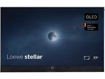 Loewe Stellar 77 DR+ OLED-televisie vooraanzicht, donker scherm met centrale maan en geïntegreerde soundbar
