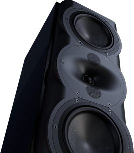 Enceinte bibliothèque Perlisten R5m, vue en contre-plongée, boîtier noir mat, 2 haut-parleurs circulaires, 1 tweeter central