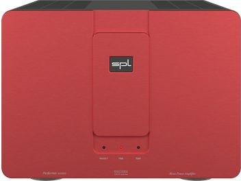Wzmacniacz mocy hi-fi SPL Performer M1000 czerwony z prostokątnym panelem przednim, centralnym logo i 3 wskaźnikami na dole