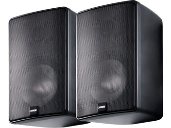 Mustad kompaktsead hi-fi kõlarid Canton Plus XL.3, paar metallvõrega esipaneeliga, vaade kolmveerandilt