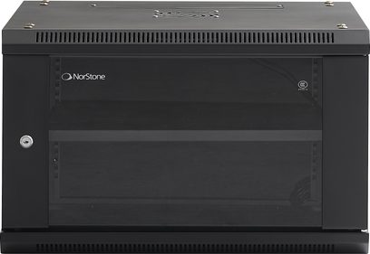 Zwarte Norstone Pro Wall Rack 6U audiovisuele kast met glazen deur, sleutelslot, ventilatieroosters en zichtbaar logo linksboven.