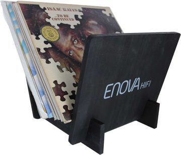 Sort opbevaringsmøbel Enova HIFI Vinyl range 25 til vinylplader, med albumcover indsat på den skrå side