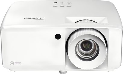 Optoma UHZ35 video projector, white plastic casing, front view, large lens with notched ring, buttons on top