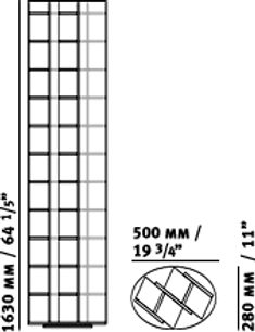 Hi-Fi skříňka Schroers & Schroers CD 44, pohled zepředu, svislá obdélníková kovová mřížka, rozměry 500 mm / 19 3/4"