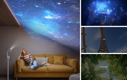 Silver floor-standing projector, yellow sofa, seated woman, blue starry ceiling, three images to the right: space, roller coasters, foliage