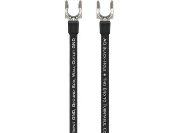 Καλώδιο phono Black Hole GroundGoody 2,25m, μπροστινή όψη, δύο μαύροι αγωγοί με λευκές επιγραφές και μεταλλικοί συνδετήρες