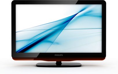 Philips 22PFL3405 fladskærms-tv med blå abstrakte former på hvid baggrund, set forfra