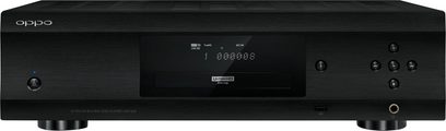 OPPO UDP-205 EU 4K Blu-ray-afspiller, frontvisning, mat sort front med blå display, frontknapper og -stik