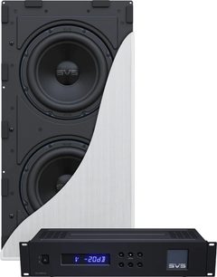 Indbygningssubwoofer SVS 3000, to sorte højttalere, integreret forstærker, på hvid fod