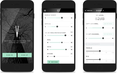 Tre skærmbilleder af en mobil lydkontrol-app, der viser zoner, niveauer og indstillinger på en sort baggrund
