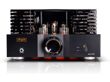 Cayin Soul 170i stereo rørforstærker i træ, set forfra, med sort børstet aluminium finish, stor centralt placeret volumenknap med gylden ring, glødende glasrør beskyttet af sidegitre og flerfarvede indgangsindikatorer til højre, stående på metalfødder