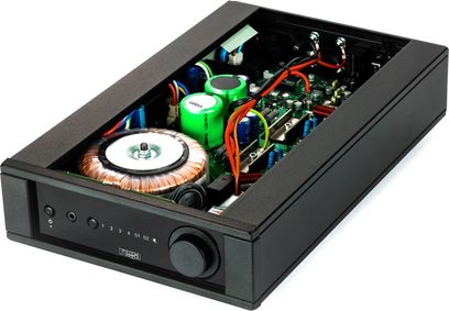 Stereo integrated hi-fi amplifier Rega Brio MK7 with open black casing, visible internal components, rotary knob on the right