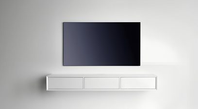 Mobile audio-video da parete Clic Classic Series Modello 130, bianco, legno laccato, tre ante a filo, vista frontale