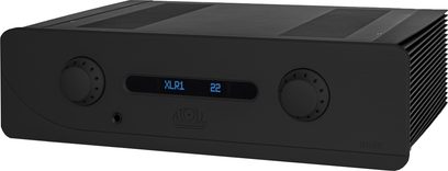 Hi-fi stereo forstærker Atoll Electronique IN400 Evolution sort, set forfra, to cirkulære knapper, centralt display viser "XLR1 22"