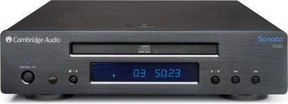 Cambridge Audio Sonata CD30 sort CD-afspiller, frontvisning, blå display "03 5023", sort front med knapper og CD-sprække