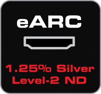 „Audioquest Cinnamon" 48 Gbps 1 m HDMI laidas, sidabruotas HDMI jungtis, baltas užrašas „eARC 1,25% Silver Level-2 ND" ant juodo fono