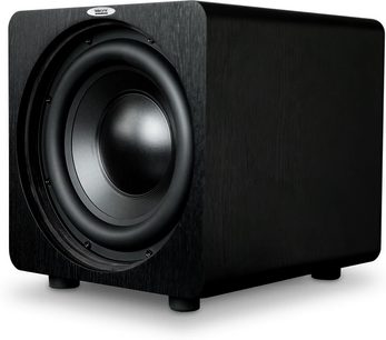 Velodyne Deep Blue 8 sort subwoofer, set forfra, central rund højttaler, kubisk sort træhus
