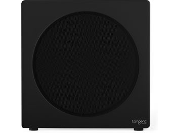 Subwoofer Tangent Spectrum II XSW8 s matne čiernym povrchom, veľká kruhová kovová mriežka na čelnej strane, pohľad spredu