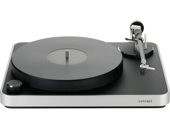 Platine vinyles hi-fi Pack Concept Edition MC 2024 argent, vue de dessus, plateau noir, bras de lecture argenté, bouton de réglage à gauche