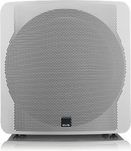SVS SB-3000 lackerad vit subwoofer, fronten perforerad med cirkulära hål, SVS-logotypen centrerad längst ned