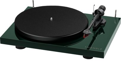 Triangle Lunar 3 grøn pladespiller, mørkegrøn blank sokkel, sort pladetallerken og sort tonearm