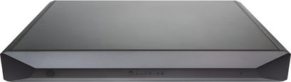 Nuprime Evolution STA SE black high-fidelity power amplifier, front view with angled front panel and round button