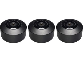 Drie zwarte trillingsdempers Franc Audio Accessories Ceramic Disc Hybrid, van voren gezien tegen een witte achtergrond