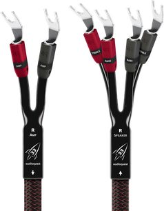 Cable para altavoces o altavoz Audioquest Rocket 33 SBW 2x2m con conectores de horquilla metálicos rojos y negros, etiquetados como AMP, TREBLE, BASS y SPEAKER, y funda trenzada negra con motivos rojos.