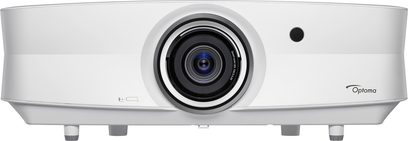 Optoma UHZ65LV hvid projektor set forfra, sort objektiv i midten, perforeret ventilationsgitter