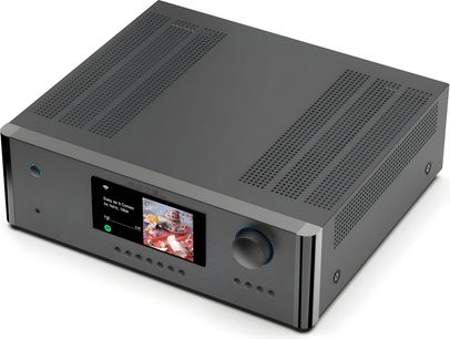 Integruotas stereo hi-fi stiprintuvas Rotel RAS-5000 juodas, vaizdas iš kampo, priekinė dalis su centriniu ekranu, sukamuoju mygtuku dešinėje