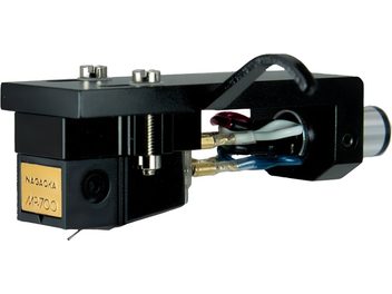 Cartridge mounted on a black metal Nagaoka MP-700H headshell, rectangular shape with a gold front label, top mounting screws, multicolored connection wires, and visible cantilever, side view