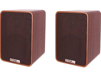 Wireless Connected Speaker Enova HIFI VELA II, front view, wood finish, black grille, rounded corners, logo at the bottom