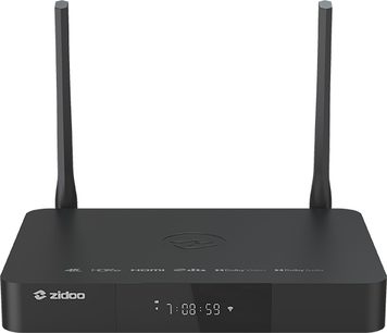 Zidoo Z9X PRO sort Wi-Fi-router, frontvisning, to lodrette antenner, frontpanel med LED-display og Zidoo-logo