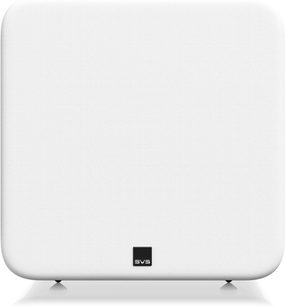 Subwoofer de graves SVS SB-3000 R|Evolution visto de frente, panel frontal blanco lacado minimalista con esquinas redondeadas y logotipo negro