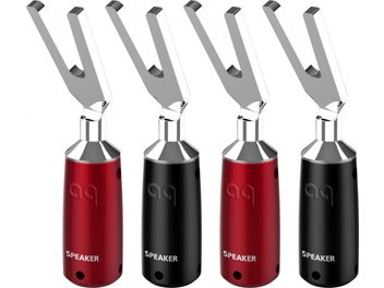 Quatro colunas portáteis vermelhas e pretas da marca AQ, modelo Speaker, com terminais metálicos em forma de V
