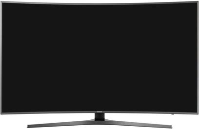 Vypnutý černý plochý televizor Samsung UE49MU6645 obdélníkového tvaru, pohled zepředu, na šedém kovovém V-podstavci
