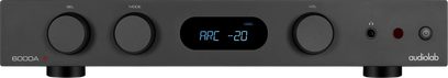 Amplificatore hi-fi stereo Audiolab 6000A MKII nero, pannello frontale con display centrale blu e tre grandi manopole