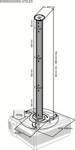 Norstone Mount Proje-L loftophængt beslag til videoprojektor, frontvisning med dimensioner, metal, cylindrisk, 90 cm lang, 130 mm bred